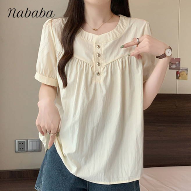 나바바 NB2579 여성 러블리 버튼 포인트 반팔 블라우스