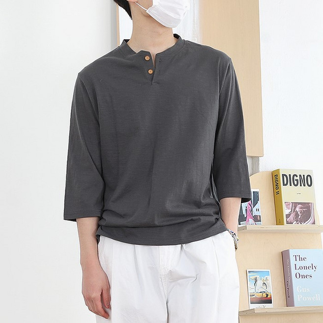 남자 7부 헨리넥 반팔 티셔츠
