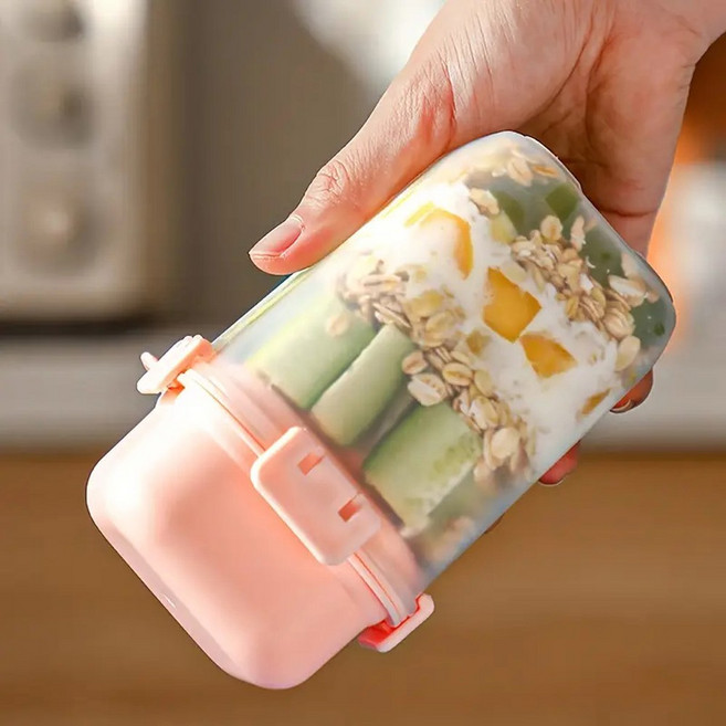 이중 레이어 샐러드 컵 (아이스 그리드 및 스푼 양념 랙 ) 580ML 크리스퍼 시 요거트 보관함, Pink, 1개