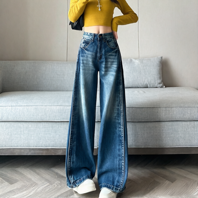 SAHINER 여성 와이드 데님 팬츠 워싱 스타일 캐주얼 봄 ANZ91