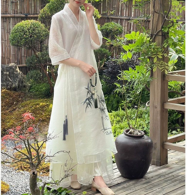 WPUY 여성 개량 생활 원피스 철릭 드레스 개량 자수 쉬폰 엄마 어머니 여름 원피스 브이넥 캐주얼 루즈핏 쉬폰 롱원피스