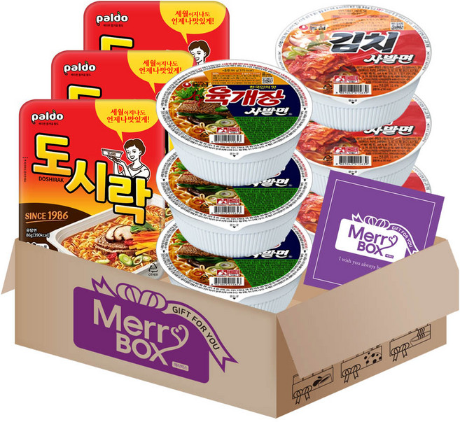 메리박스 사발면 세트 2호(육개장사발면3+김치사발면3+팔도 도시락3)+메세지카드, 1박스