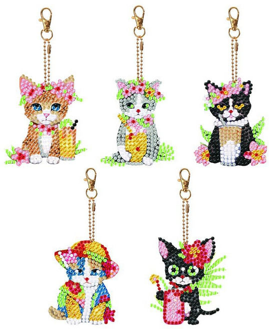 캐릭터 패턴 보석 십자수 키링 세트 diy 열쇠 고리 포함 비즈 큐빅 장식 참 만들기 액세서리 공예 취미, 1세트, S99005B(고양이 5종