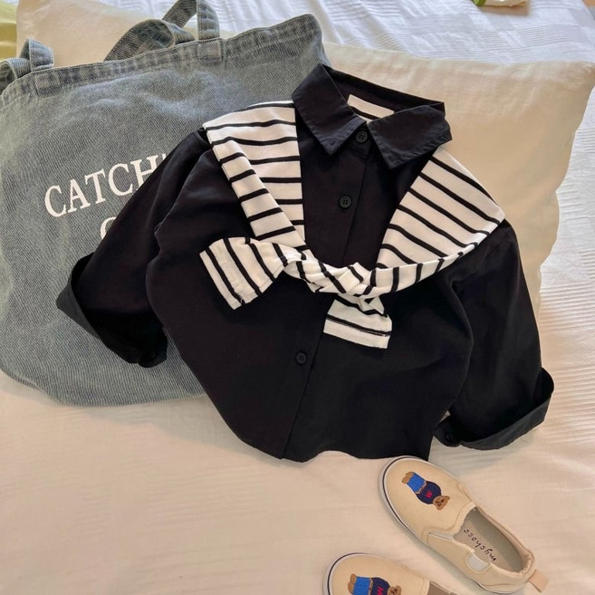 구빠방 아동 스트라이프 숄 니트 타이 셔츠 블라우스 레이어드 투피스