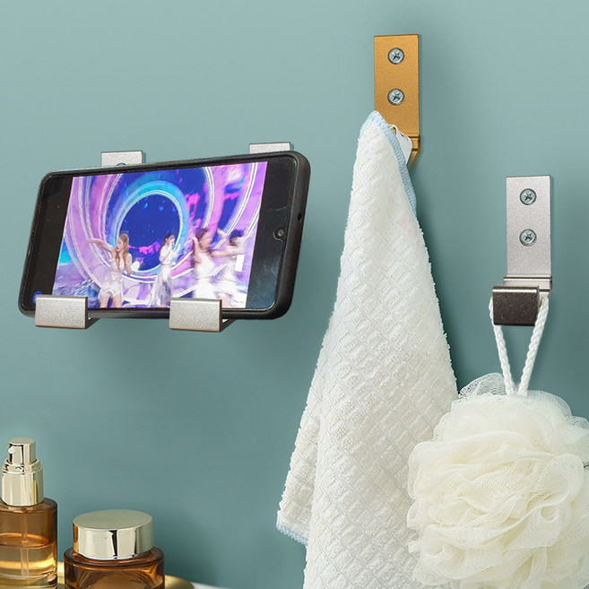 접이식 후크 무타공 옷걸이 욕실 수건걸이 화장실 폰거치대 4개 구성, 골드