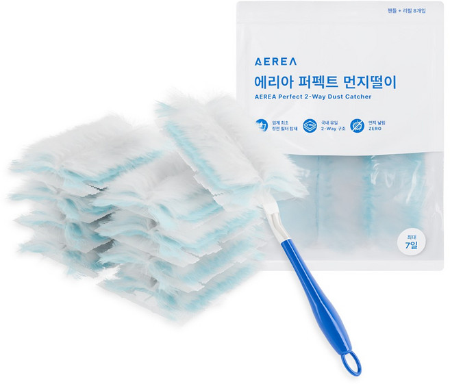 에리아 2way 정전기 먼지흡착 먼지털이 더스터 먼지털이개 청소용품 핸들 + 리필 8개, 1세트, 혼합색상