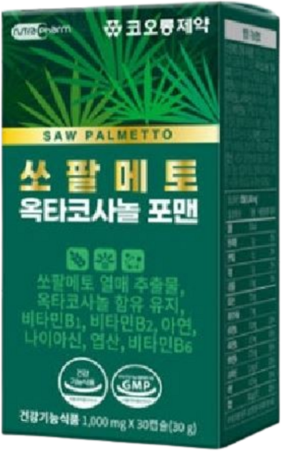코오롱제약 쏘팔메토 옥타코사놀 포맨 1000mg 30캡슐 비타민 미네랄 건강기능식품, 1박스, 30정