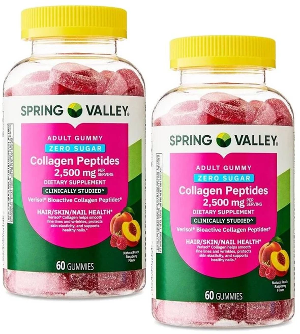 스프링밸리 콜라겐 펩타이드 2500mg 제로 슈가 구미 젤리 Spring Valley Zero Sugar Collagen Peptides, 2개, 60정 - 쿠팡
