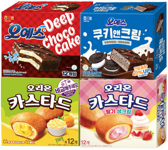 오리온 카스타드+딸기생크림+해태 오예스+쿠키앤크림, 1세트, 총4개