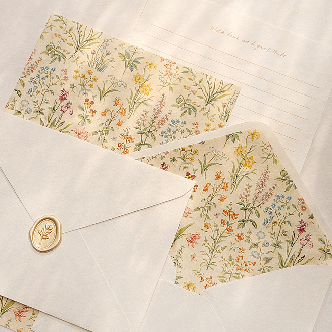 무해해 예쁜 고급 편지지 4p + 편지봉투 4p + 실링 왁스 스티커 4p 세트, 엔티크플라워, 2팩