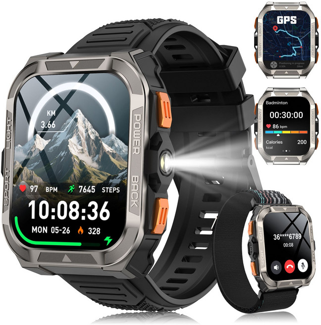 IOWODO W80 Pro 아웃도어 스마트워치 1.91" 대형 터치 스크린 내장 GPS 나침반 통화 가능 메시지 알림 LED 손전등 블루투스 스마트워치 IP68 방수, 검은색, 4.6cm, GPS + 블루투스