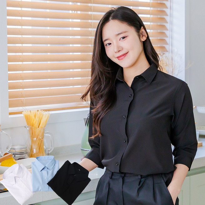 여성 7부 셔츠 블라우스 스판 유니폼 매장 근무복 식당 단체복 블랙 화이트 블루 55~99 빅사이즈 당일발송 자수가능