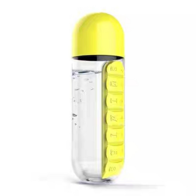 올인원 휴대용 약통 물병 텀블러 600ml 일체형 7칸 알약케이스, 옐로우, 1개