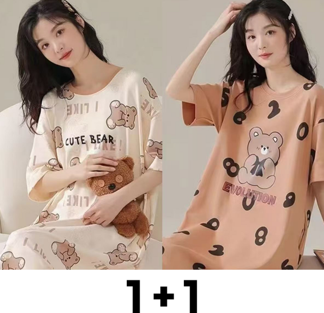 1+1 여성용 봄 여름 잠옷 원피스 빅사이즈 봄가를 간절기 스판 반팔 루즈핏 학생 캐릭터홈웨어 데일리 큐티 실내복 스커트 2매입