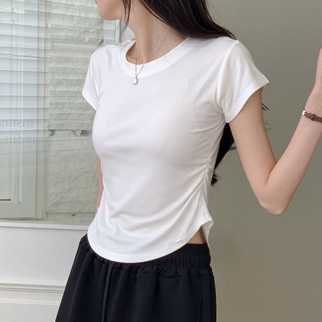 어나더뷰 쫀득 세미크롭 셔링 반팔티 티셔츠 심플 베이직 기본템 무지 쫀쫀 스판 레이온 찰랑 크롭 반소매 반팔 이너티 1978