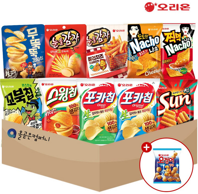 오리온 스테디셀러 스낵 모음A 10종(10개) 포카칩 스윙칩 썬 나쵸 무뚝뚝감자칩 눈을감자 오징어땅콩, 1세트, 스낵A