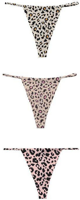 歐美豹紋細帶一根線丁字褲 冰絲無痕內褲女, 茶杏底豹紋印花+白杏色奶黃點豹紋+粉,L建議體重140-160斤