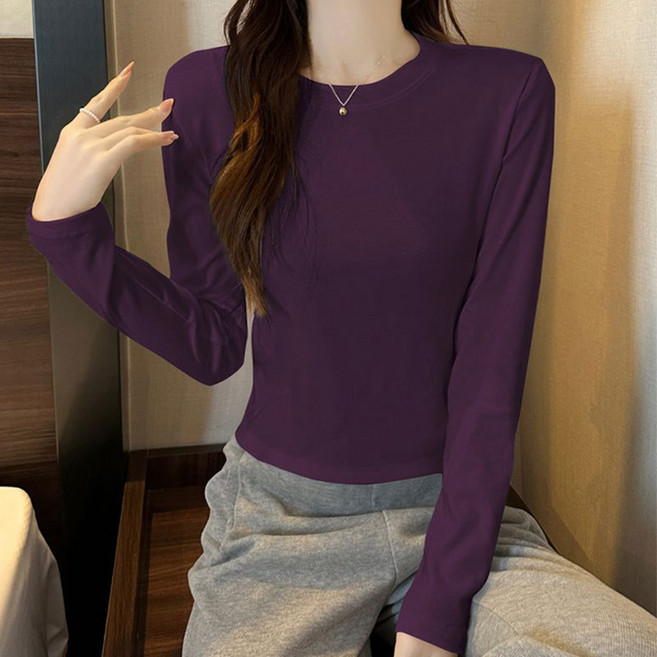 빠뻐을뻔 여성 정어깨 긴팔티 라운드넥 깔끔 슬림 크롭 티셔츠