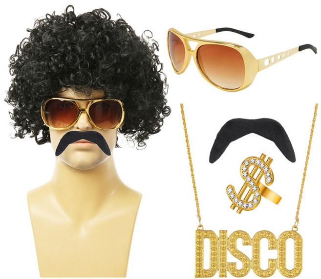 JL매직 뽀글이 가발 웃긴 노래방 파티 할로윈 디스코 파티 코스튬 5종 세트 (아프로 가발+선글라스+콧수염+반지+목걸이), 1세트