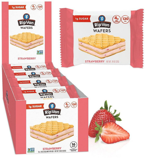 Rip Van Wafels 초콜릿 쿠키 립 반 다크 웨이퍼 건강한 간식 비 GMO 케토 저탄수화물 저당2g 저칼로리 비건 16개입, 딸기, 1개