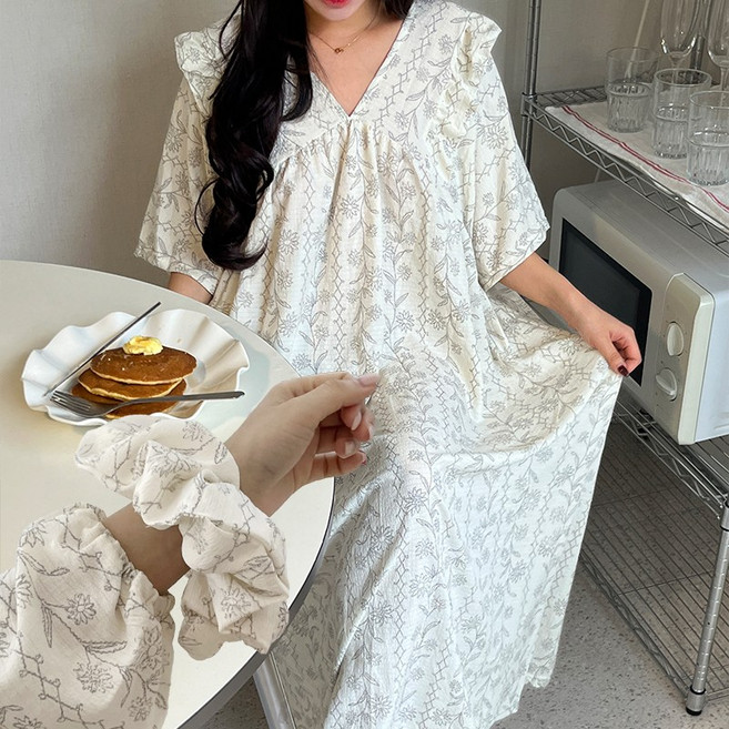 [원피스+곱창끈SET/소매밴딩] 44~120 여신 빅사이즈 뜨왈 감성 오버핏 파자마 홈웨어 원피스 선물세트