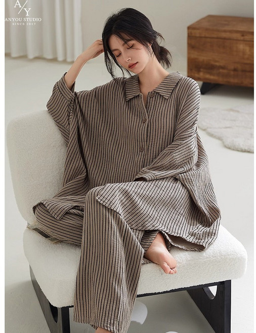 ANYOU 여상 스트라이프 파자마 긴팔 홈웨어 잠옷 상하세트 순면 여성잠옷