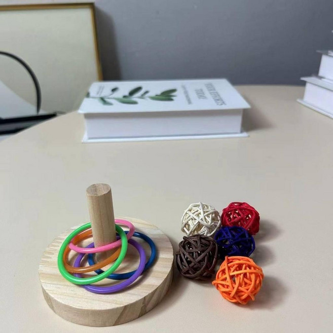鸚鵡益智訓練啃咬鈴鐺球玩具, 1個, 木质套圈+五个藤球, 木質套圈+五個藤球