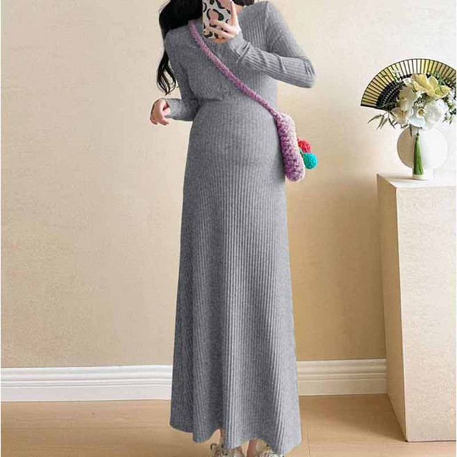 겨울 임부 긴팔 니트 원피스 임산부용 슬림핏 라운드넥 탄력 롱 니트 드레스 LCL