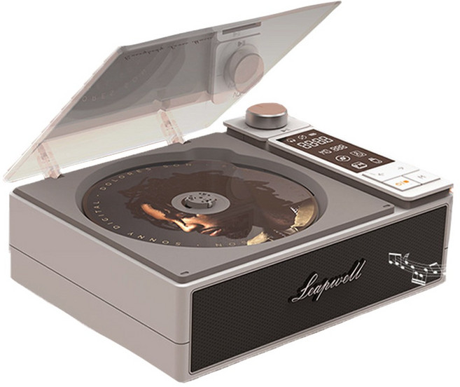 Leapwell 支援藍牙/FM/USB/光纖模式 HIFI高音質 無線連接 便攜設計, 灰色, 復古唱片機 CD播放器