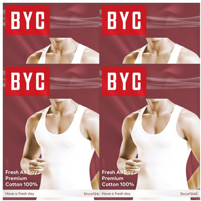 BYC 남자 런닝 민소매 4매 세트 순면 프레쉬코튼 메리야스 난닝구