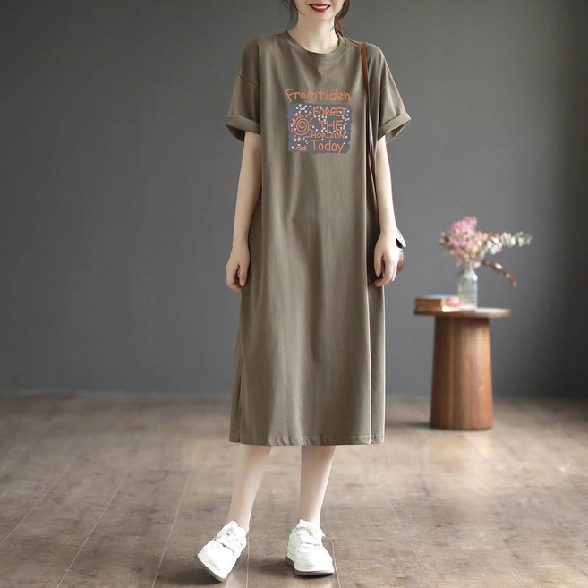 Makone 여성 순면 솔리드 반팔 롱 티셔츠 패션 데일리 루즈핏 프린트 라운드넥 캐주얼 원피스 포켓 스타일리시 편한 데일리룩