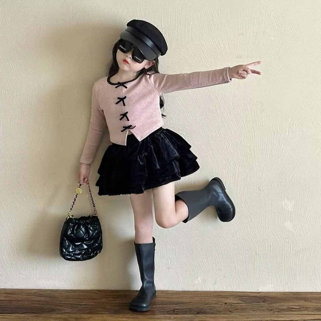 유블리 여아 리본 긴팔티셔츠 주름치마 투피스세트