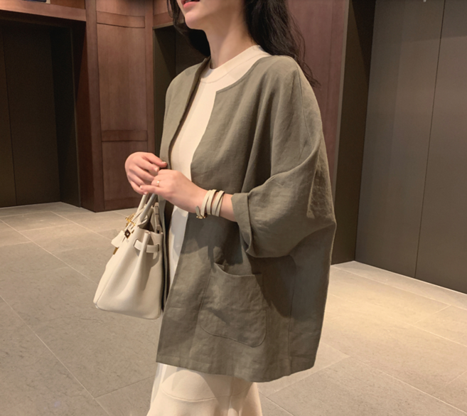 이유무무 NQ-194 여성 루즈핏 빈티지 심플 7부 소매 면 마 자켓