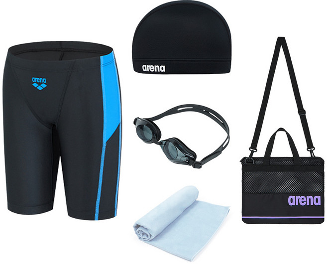 AKT-5952-블랙 아레나 남아동 생존수영키트 5종 (수경 수모 수영복 메쉬가방 타올 폴리백 세트)