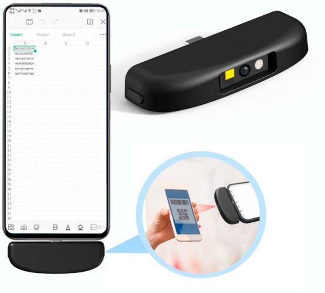 C타입 인터페이스 휴대폰 메이트 바코드 스캐너 미니 2D 블랙 주식 모든 1D 2D 바코드 및 스크린 코드 32 비트 CMOS, 1개