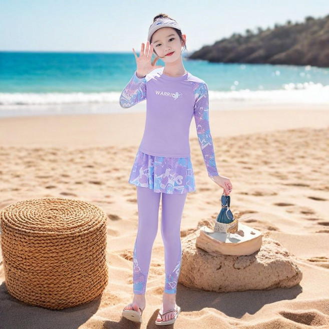 [키즈래쉬가드] 초등 여아래쉬가드 수영복 세트 (3종 세트) 와글와글