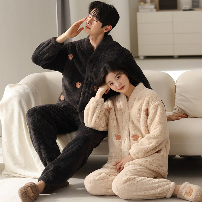 곰돌이 극세사 커플 수면잠옷 세트 파자마 남자 여성 겨울잠옷 상하의 세트 빅사이즈