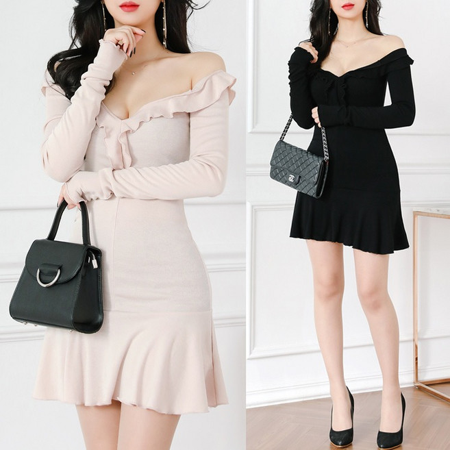 프릴 오프숄더 홀복 섹시 머메이드 미니 원피스