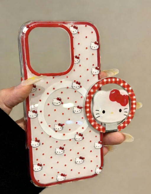 빨간색 도트 키티 맥세이프 호환 갤럭시 아이폰 케이스+거치대 세트