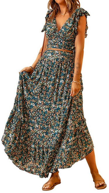 2 피스 여름 복장 Deep V Neck Crop Tops Beaches Maxi Skirt Set Bohemian Dress