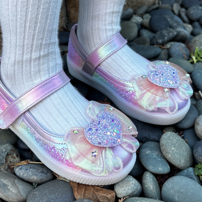 [프롬베베] 여아용 에밀리 하트 리본 LED 구두 슬립온