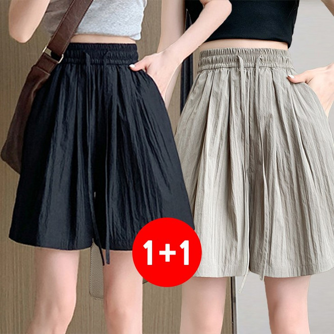 마쿠쿠 1+1 세트 와이드 폴리 포켓 밴딩 5부 여름 여성 반바지 팬츠