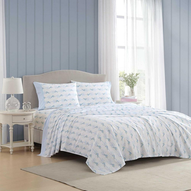Laura Ashley - 트윈 XL 시트 면 퍼케일 침구 세트 경량 및 통기성 홈 데코 기숙사 방 필수품 이모진 퍼플 트윈 XL 450527