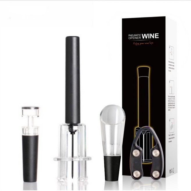 氣壓開瓶器葡萄酒開瓶器組, 四件組 開瓶器+錫割紙+倒酒器+紅酒塞, 1個