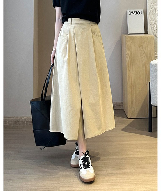 별맘 여성 앞주름 뒷밴딩 롱스커트 A라인 카고 치마