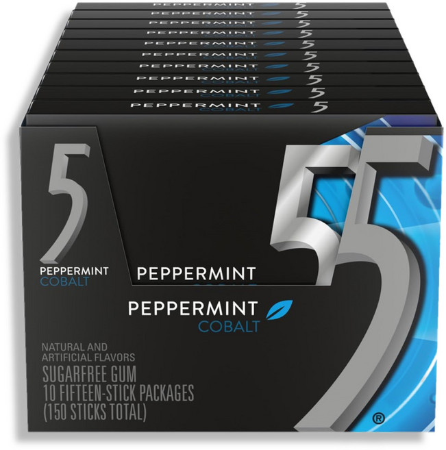 5 Gum 슈가프리 페퍼민트 코발트 츄잉껌 15개입 10팩 1개, 375g