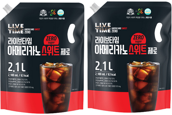 태웅식품본사 라이브타임 아메리카노 스위트 제로 '무설탕 제로칼로리 대용량 커피 음료' '무설탕인데도 달콤한 제로 칼로리 커피의 정석' '대용량팩으로 홈카페 10잔!'', 2.1L, 2개
