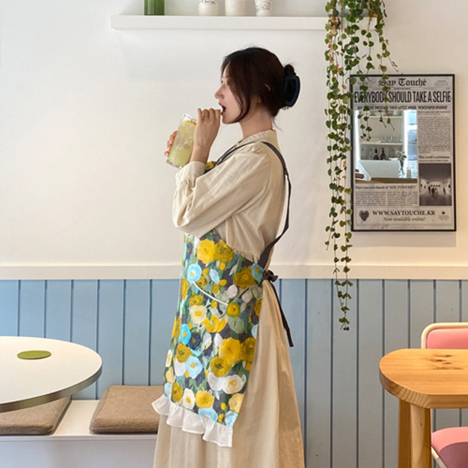 수채화 충무인견 프릴 여름 원피스 앞치마, 옐로우, 1개