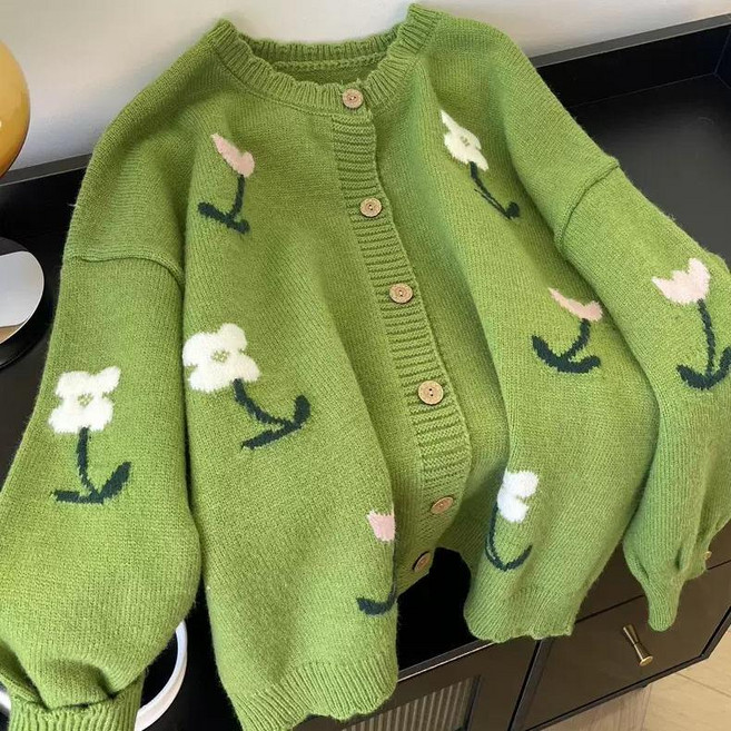 Skyciky 봄 가을 겨울 여성 그린 플라워 니트 가디건 아우터 빅사이즈 중장기장 루즈핏 슬림핏 연출 상의 KK1231