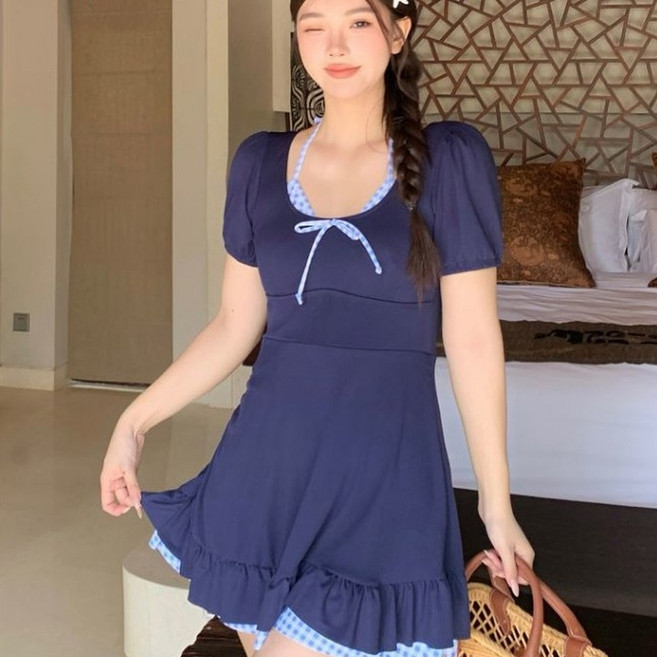 【梨卡】隔日到貨 連身泳裝 大尺碼泳裝 泳衣 泳裝 黑色泳衣 遮肚比基尼 溫泉比基尼 保守泳裝FC154, 藏青色